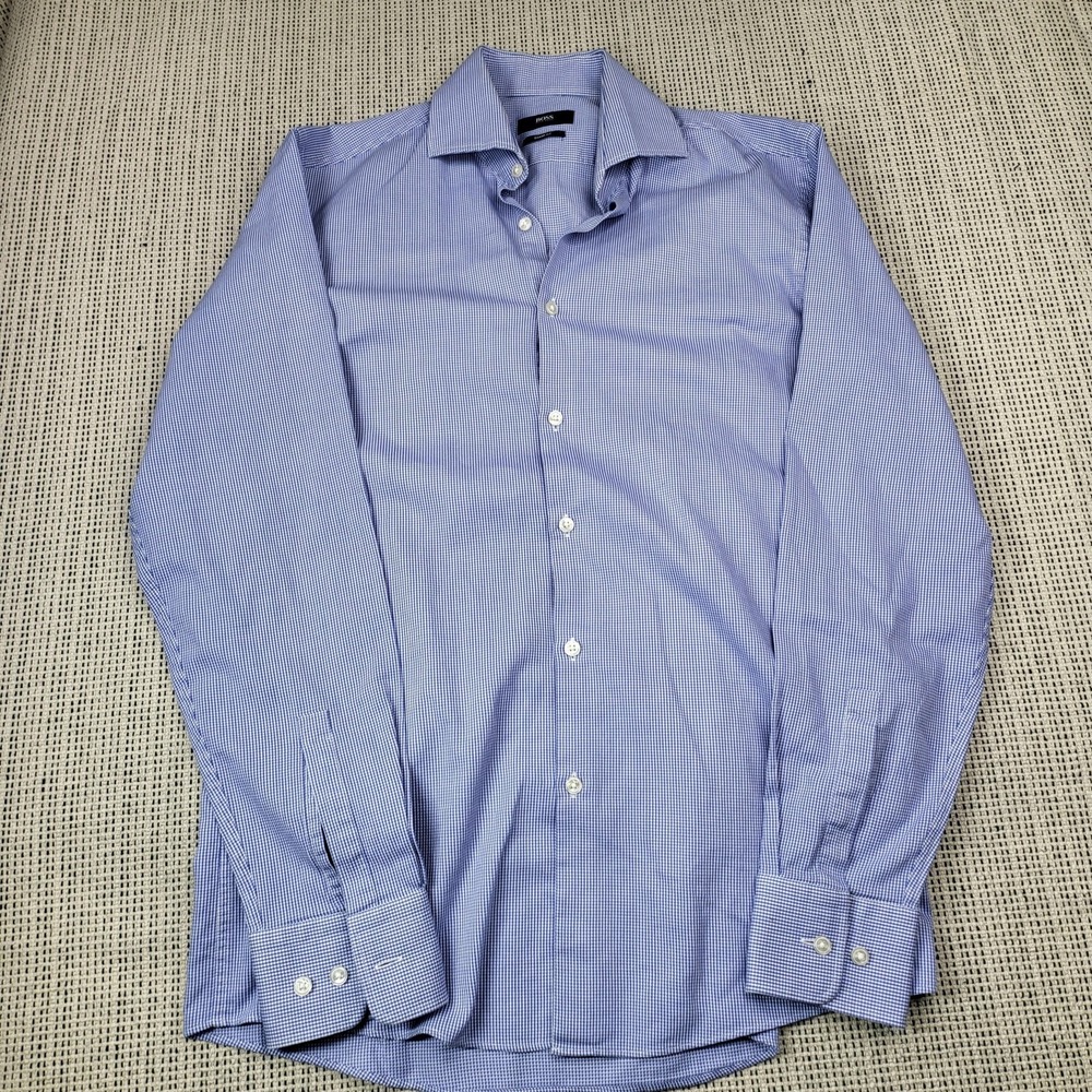 Hugo Boss Shirt Mens 15.5 34/35‎ Blue Gingham Sharp Fit Slim Dress Long Sleeve